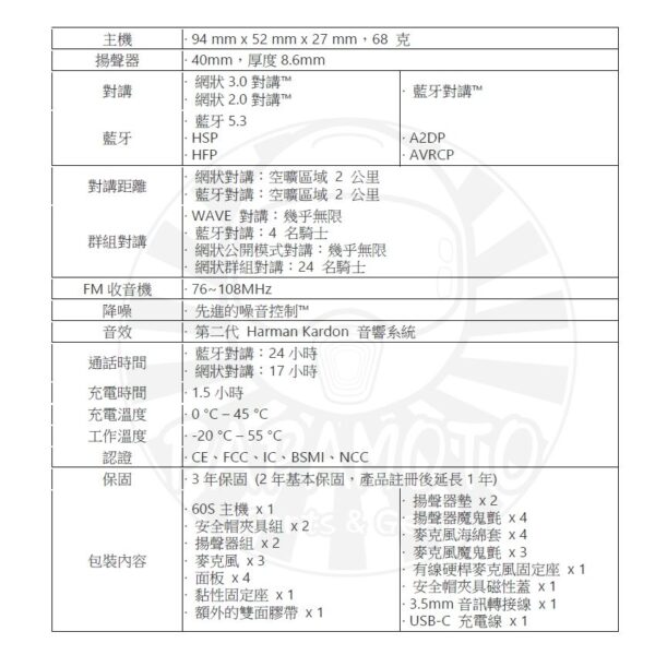 SENA 60S 安全帽藍牙通訊系統